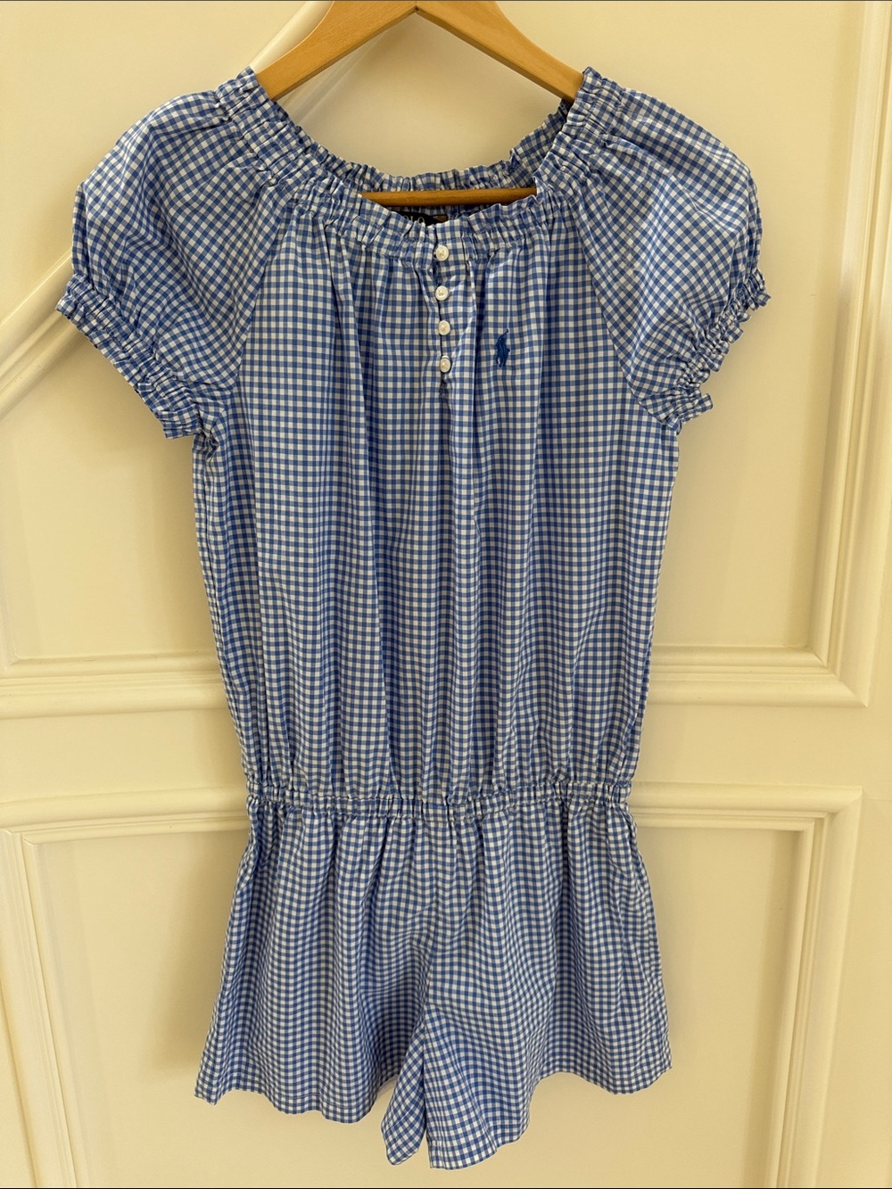 Ralph Lauren Light Blue and White Gingham Cotton Romper